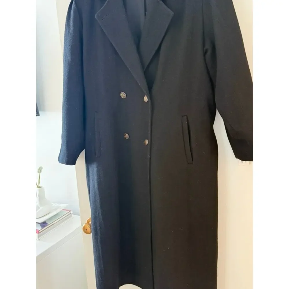 Vintage Black Wool Coat Long Double Breasted Minimalist Classic Coat‎ ✨
